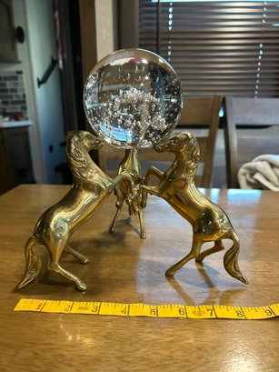 Vintage Brass 3 Rearing Horses Pedestal Stand In Nice Condition