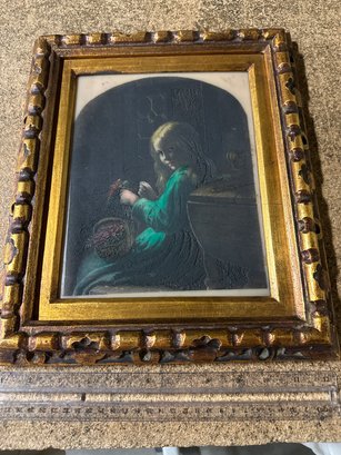 Antique Framed Translucent Celluloid Lithopane Painting Violet Girl