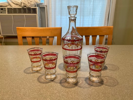 Vintage Cranberry And Gold Wine Decanter With Five Glasses,
