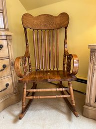 Antique Oak? Armed Pressback Rocker With Cushion As Pictured See Photos
