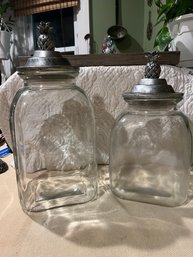 Set Of 2 Large Glass Storage Containers Canisters With Silver Pineapple Tops