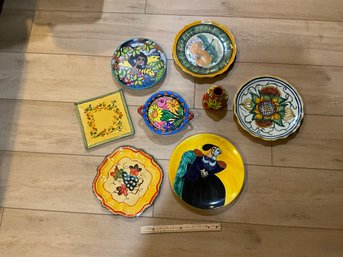 Large Lot Of Colorful Hand Painted Pottery Plates And More - Fun Lot