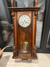 Antique German Wall Clock Wood Case With Pendulum & Key