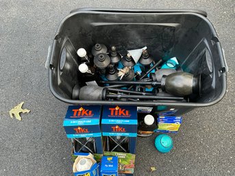 Storage Tote Filled With Tiki Torches, Fluid, Citronella, Candles, And More See Photos