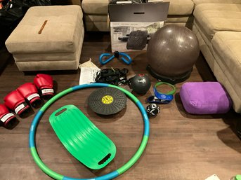 Lot Of Fitness And Exercise, Equipment Weighted Hula, Hoop Yoga Ball With Stand And Dice, Fitness Tent