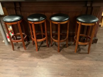 Set Of 4 Padded Cushion Wood Bar Stools Faux Black Leather