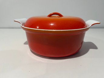 Vintage 10 Inch Flame Red And Orange Cast Iron Enamel Lidded Au Gratin Baking Dish Pan