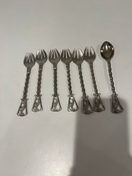 Set Of 6 Filigree Cocktail Fruit Forks And 1 Spoon Vintage Little Steel Forks Made In The USSR