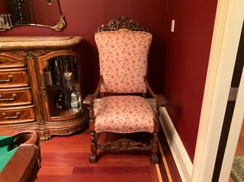 Gorgeous Antique Tall Back Upholstered Carved Wood Throne Armchair Louis XIV