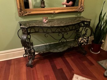 Large Ornate Entryway Table In Wrought Iron And Green Marble