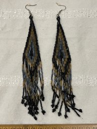 Long 7 In Black Gold And Brown Handmade Beaded Fringe Dangle Earrings
