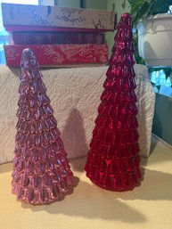 Set Of 2 Pink Ceramic Light Up Christmas Trees Need Batteries