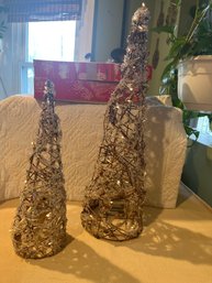 Set Of 2 Light Up Metallic Beaded Chunky Iced Cone Christmas Trees Both Work