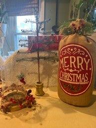 Rustic Woodsy Christmas Decor Lot Pillar Candle Holder Tree And Christmas Burlap Sack