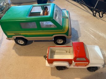 Vintage 1970s Tonka Lot Tonka Corps Green Yellow Toy Van Die Cast And Red And White Plastic Pickup