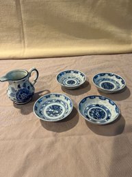 Vintage 3' Delft Blue Hand Painted Floral And 4 - 3.5 Inch Chinese Blue And White Porcelain Dishes See Photos