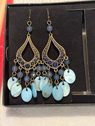 3in Earrings Blue Brass Tone Hippie Boho Bohemian Teardrop Long Dangle Beads Pierced New