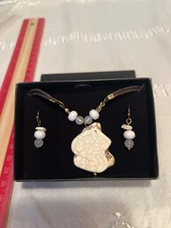 Vintage Howlite Pendant & Bead Cord Necklace & Dangle Pierced Earrings Set Looks New See Photos