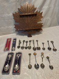 Vintage Wooden Maple Leaf Shaped Collector Spoon Rack Holds 12 Spoons Plus 17 Travel And Collectable Spoons