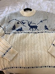 Vintage Jantzen Wool Sweater Deer Winter Cable Knit High Collar 70s USA Size Large