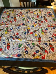 48x48 Square Handmade Crocheted Trim Portugal Fish Colorful Tablecloth