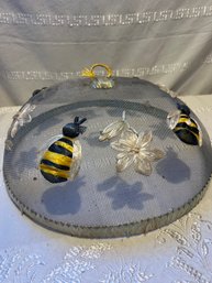 14 Inch Vintage 1960s Large Round Mesh Bee Flower Raffia Decorations Food Cover Picnic Metal Dome