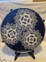 14 In Vintage Metal With Crocheted Doilies Under Glass Lazy Susan
