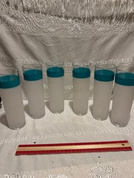 Set Of 6 Vintage Stotter 8 Inch Plastic Frosted Tumblers With Teal Colored Band