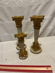 Set Of 3 Taper Candleholders Pillars With Gold Accents