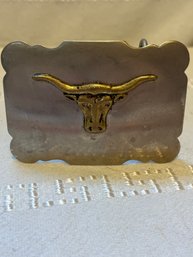 Vintage Longhorn Belt Buckle Looks Silver And Brass ? Cowboy Buckle Plate Style Buckle
