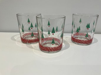 Set Of 3 Vintage Double Old Fashioned Glasses With Christmas Trees White Dot Red Stripes
