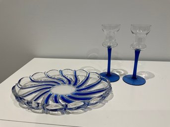 Mikasa Cobalt Blue Crystal Oval Swirl Plate And 2 Vintage Cobalt Stemmed Crystal Candle Holders