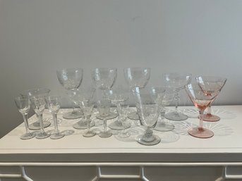 Lot Of Pretty Assorted Vintage Etched Glass Stemware Glasses Wine Cordial And More