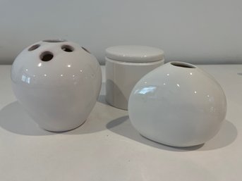 Lot Of White Ceramic Home Decor Pieces 2 Bud Vases One Lidded Round Container