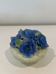 Vintage 1960s Thorley English Staffordshire Bone China 4 Inch Floral Bouquet Blue Roses In Green Base