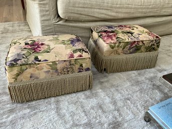 2 X India Ink Upholstered Pretty Floral Footed Footstool With Fringe