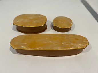 Vintage Set Of 3 Art Deco Velva Pearl Vanity Trinket Jewelry Boxes In Butterscotch Marbled