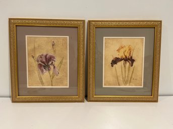 Set Of 2 Iris Prints By Blum In Gold 14x16 In Frames Purple And Grey Matting