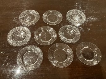 Set Of 9 Vintage Etched Glass 6 Inch Dessert Plates