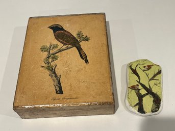 Vintage 7x9x2 In Wooden Box With Birds Hand Decorated And Hand Painted Rock