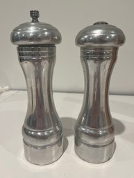 Old Thompson 8.5 Inch Salt Shaker And Pepper Mill Aluminum Over Wood