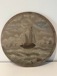 ANTIQUE PAINTING OIL ON ROUND 15 IN WOODEN PANEL SAIL BOAT