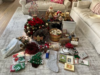 Huge Lot Of Christmas Decorations Some Vintage Ornaments Wreaths Stockings And More