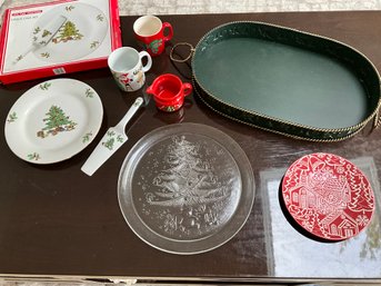 Vintage Christmas Kitchen Lot Serving Tray Cake Set Service Tray Creamer Mugs Plate