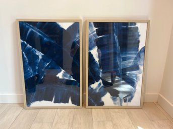 Set Of 2 Modern Blue And White Abstracts 20x30 Inch Framed Wall Art Prints