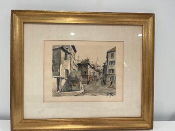 Framed And Matted Herbelot French Lithograph Paris Street Scene 23x19 Inch