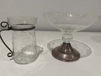 Vintage 1940s Duchin Etched Glass 925 Sterling Silver Weighted Base Candy Nut Dish Plus Hand Cut Glass Creamer