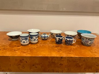 Lot Of Blue Snd White And Asian Style And Delft Bowls Cups Mini Teapot