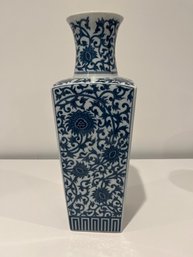 Mid Century Chinese Blue Illustrated Ceramic 14 Inch Vase Repaired