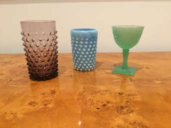 Lot Of 3 MCM Glasses Colored Hobnail And Cut Glass  Great Candle Holders